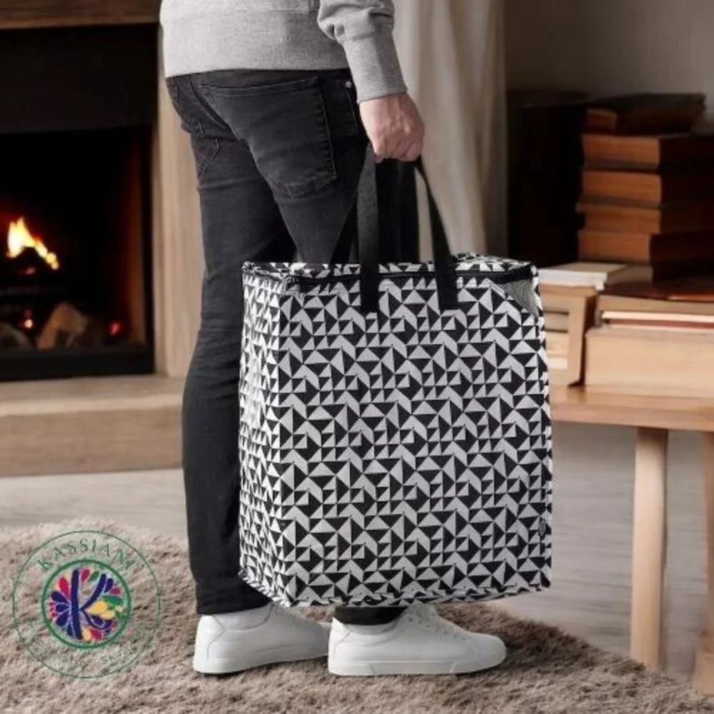 Ikea KNALLA Zippered Bag Laundry Groceries Black/White 15 ¾x9 ¾x18 ½ 